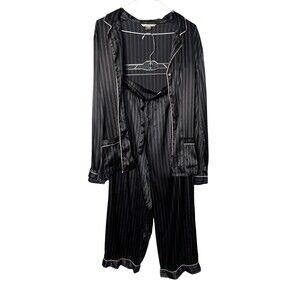 Victoria's Secret Black Satin Silk Striped Pajama Set Pink Piping Button Up M